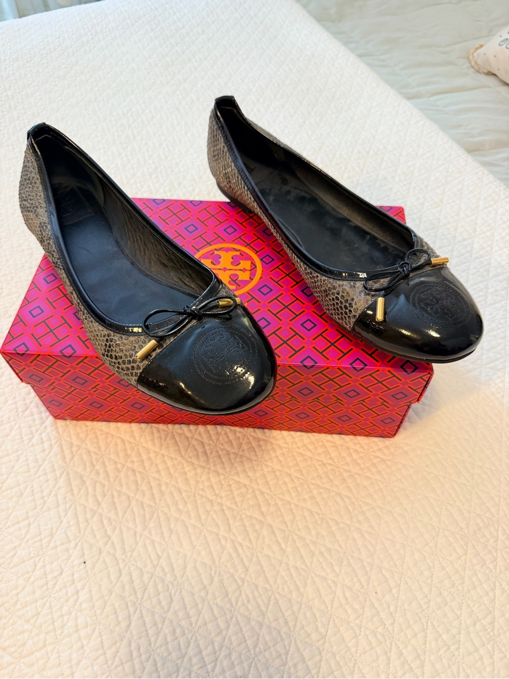 Tory Burch Black Patent Cap-Toe & Gray Textured Ballet Flats